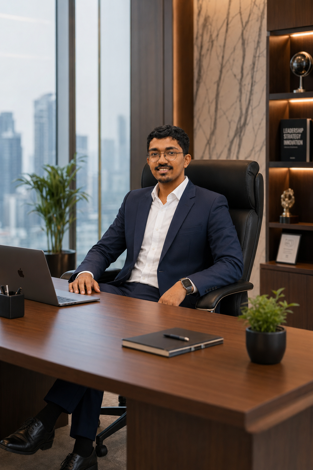 Pavan Kumavat, founder of Balaji Studio, at his office desk