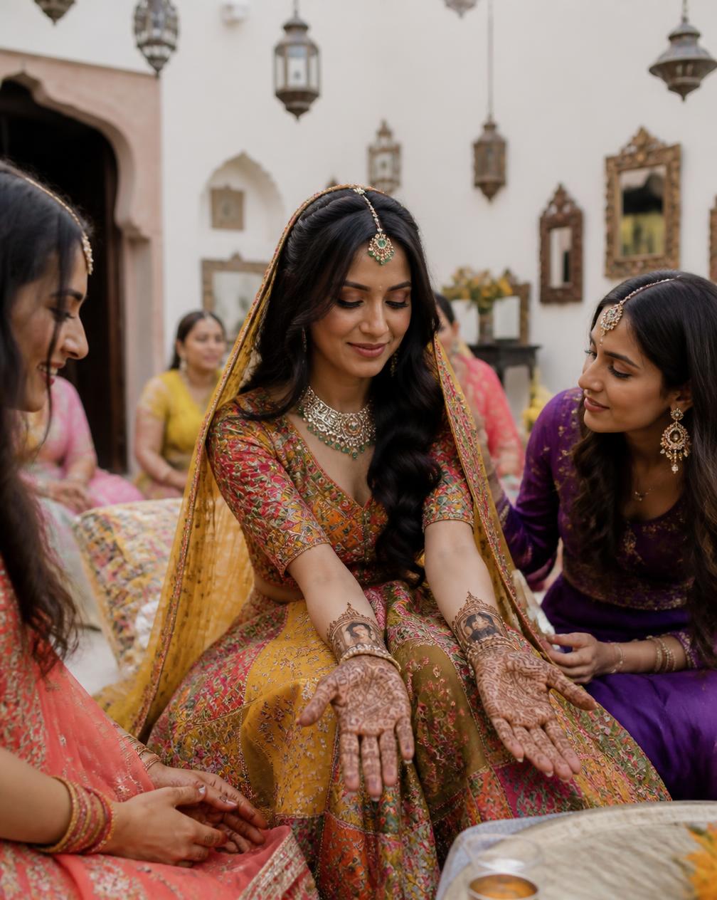 Rajasthani mehndi ceremony with henna on the bride's hands